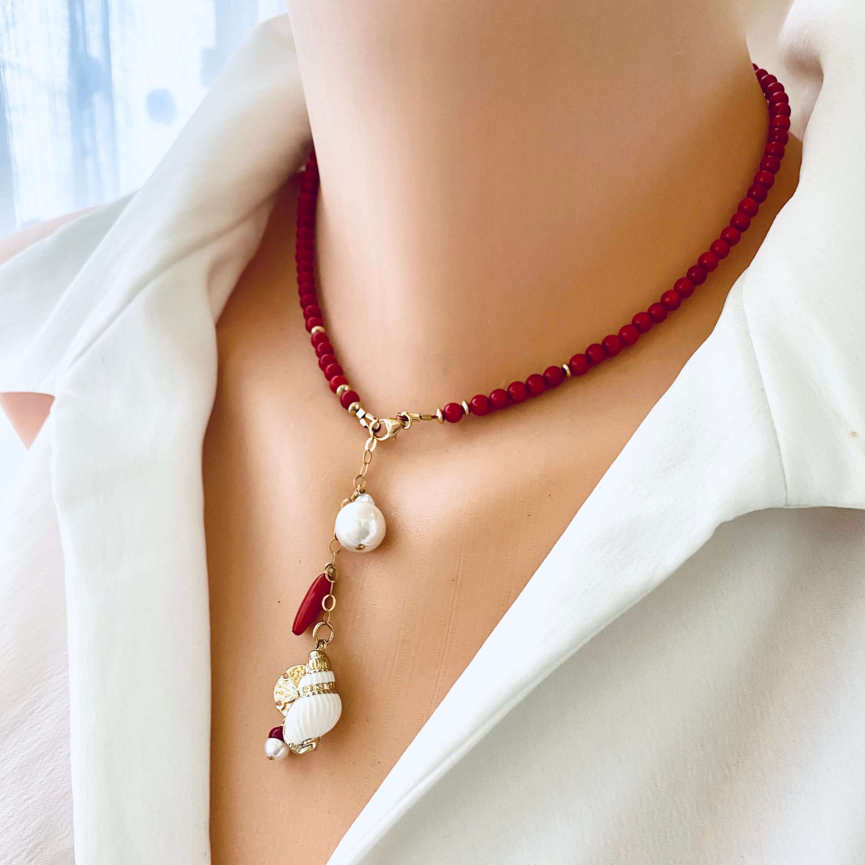Collier En Corail Rouge Naturel Et Perles D'eau Douce - Bijou Ancien - Pendentif