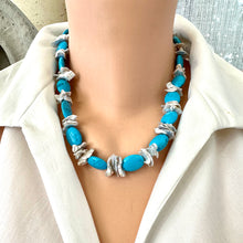 Load image into Gallery viewer, Chunky Turquoise and Silver Grey Keshi Pearl Necklace, Silver
