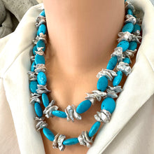 Load image into Gallery viewer, Chunky Turquoise and Silver Grey Keshi Pearl Necklace, Silver
