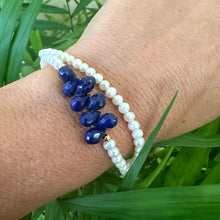 Carica l'immagine nel visualizzatore di Gallery, double wrap bracelet, featuring two strands of shimmering freshwater pearls beautifully accented with deep blue Lapis Lazuli teardrop briolettes, Gold filled details.