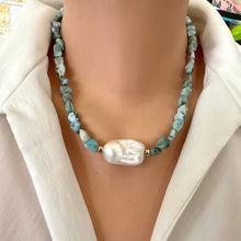 Cargar imagen en el visor de la galería, Fall in love with the soothing blues of Larimar and the timeless elegance of baroque pearls! This necklace features dreamy, ocean-inspired Larimar gemstones nuggets, perfectly complemented by the organic beauty of a stunning baroque pearl, 18 inches