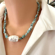 Cargar imagen en el visor de la galería, Fall in love with the soothing blues of Larimar and the timeless elegance of baroque pearls! This necklace features dreamy, ocean-inspired Larimar gemstones nuggets, perfectly complemented by the organic beauty of a stunning baroque pearl, 18 inches