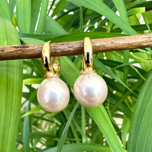 Charger l'image dans la galerie, Light golden pink Edison pearl drop earrings with 13mm pearls on gold vermeil-plated silver huggie hoops, perfect for a June birthday or elegant gift.