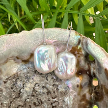 Load image into Gallery viewer, White freshwater pearl drop earrings gold vermeil detailed view against green leaves, elegant handmade jewelry from Canada.