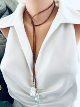 Carica l'immagine nel visualizzatore di Gallery, Hessonite Garnet and Baroque Pearl Lariat Necklace styled double wrap on mannequin, handcrafted gemstone jewelry from Canada.