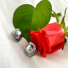 Carica l'immagine nel visualizzatore di Gallery, Mabe Pearl Earrings – displayed with red rose and white cloth backdrop