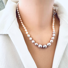 Carica l'immagine nel visualizzatore di Gallery, Rice Pearl Necklace with silver tulip toggle clasp and pastel pearls displayed on mannequin front view.