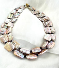 Load image into Gallery viewer, Full view of Statement Pearl Necklace with rectangular pink pearls and iolite gemstones displayed on white background.