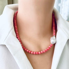 Cargar imagen en el visor de la galería, Pink coral and one large baroque pearl on the side of the necklace with sterling silver details, measuring 18.5 inches. This vibrant summer jewelry piece is perfect for beach outings and makes a thoughtful gift for her.