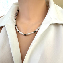 Load image into Gallery viewer, Side view of biwa pearl and black opal necklace displayed on mannequin