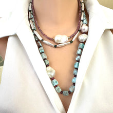 Load image into Gallery viewer, Biwa pearl and black opal necklace layered with other pearl necklaces on mannequin, main product focus
