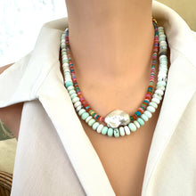 Load image into Gallery viewer, Front close-up of opal and baroque pearl necklace on mannequin display
