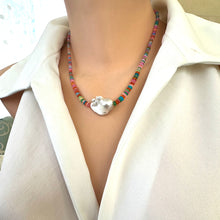 Load image into Gallery viewer, Angled view of opal and baroque pearl necklace, handmade Ethiopian opals