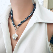 Cargar imagen en el visor de la galería, Black pearl necklace with baroque pendant displayed on mannequin side angle