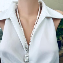 Carica l'immagine nel visualizzatore di Gallery, Front view of white pearl necklace with baroque pendant, classic handmade design