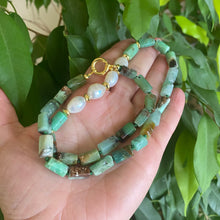 Carica l'immagine nel visualizzatore di Gallery, Stylish Chrysoprase tube Beads Necklace with Gold Vermeil and 4 Freshwater Pearls on the side, Hand knotted with a green thread and finished with gold vermeil plated silver marine clasp, allowing you to add the pendant of your choice, 19"inches long