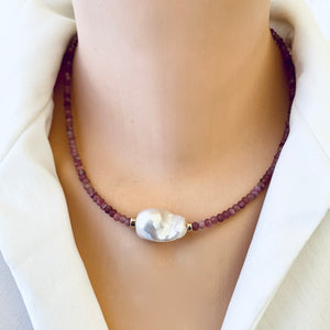 Pink Tourmaline and Baroque Pearl Necklace, Gold Filled, October Birthstone, 17.5"inches