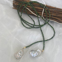 Load image into Gallery viewer, Green Diopside Garnet Beads &amp; Two Baroque Pearls Lariat Wrap Necklace, Gold Plated silver, 49&quot;in
