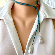 Carica l'immagine nel visualizzatore di Gallery, Blue Apatite & two Large Baroque Pearls Lariat Necklace