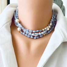 Cargar imagen en el visor de la galería, Blue Lace Agate & Pearl Necklace, 64" Long Necklace