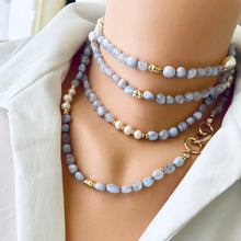 Cargar imagen en el visor de la galería, Versatile necklace. Long Blue Lace Agate and freshwater pearl necklace