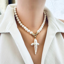 Carica l'immagine nel visualizzatore di Gallery, Short white pearl necklace with baroque pearl cross pendant, handcrafted in Canada.
