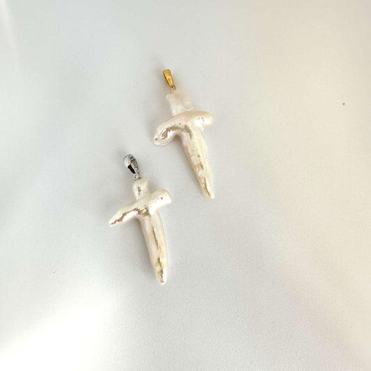 White pearl necklace cross pendant close-up showing gold vermeil and rhodium silver cross options — handcrafted jewelry by Loulia Pearl Jewelry