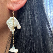 Lade das Bild in den Galerie-Viewer, Boho pearl earrings gold filled worn on woman’s ear — elegant handcrafted square pearl and blue gemstone jewelry by Loulia Pearl Jewelry