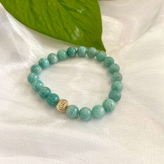 Green Amazonite Stretch Bracelet – 6mm or 8mm, 14K Gold Filled against a soft background.