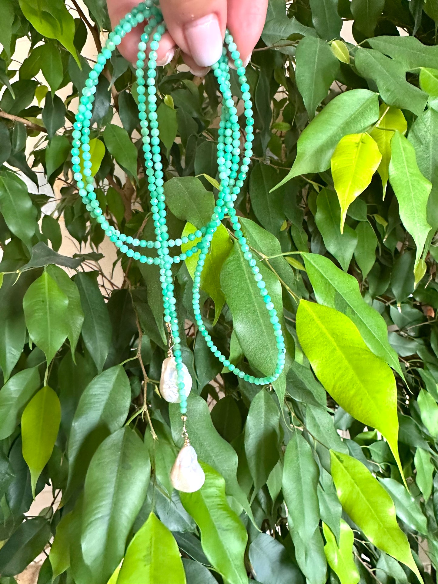 Handcrafted Apple Green Chrysoprase Lariat Necklace photographed in nature — vibrant chrysoprase and pearl jewelry by Loulia Pearl Jewelry