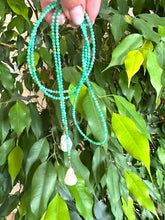 Load image into Gallery viewer, Handcrafted Apple Green Chrysoprase Lariat Necklace photographed in nature — vibrant chrysoprase and pearl jewelry by Loulia Pearl Jewelry