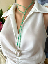Load image into Gallery viewer, Full-length Apple Green Chrysoprase Lariat Necklace on mannequin — long handcrafted gemstone and pearl necklace by Loulia Pearl Jewelry