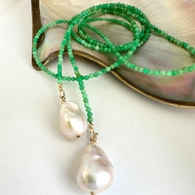 Load image into Gallery viewer, Close-up of Apple Green Chrysoprase Lariat Necklace on white background — faceted gemstones and baroque pearls handcrafted by Loulia Pearl Jewelry