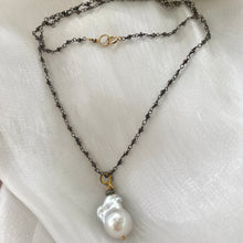 Load image into Gallery viewer, Pyrite Rosary Chain & Baroque Pearl Pendant Necklace, Diamond Pave