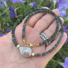 Carica l'immagine nel visualizzatore di Gallery, Black Ethiopian Opal and Baroque Pearl Necklace, Multi Fire Black Opal Heishi Square Beads, Gold Vermeil cube Accents adorning the centred baroque pearl, 17"Inches long,October Birthstone gift for her