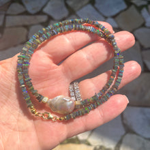 Carica l'immagine nel visualizzatore di Gallery, Black Ethiopian Opal and Baroque Pearl Necklace, Multi Fire Black Opal Heishi Square Beads, Gold Vermeil cube Accents adorning the centred baroque pearl, 17"Inches long,October Birthstone gift for her