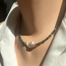 Carica l'immagine nel visualizzatore di Gallery, Black Ethiopian Opal and Baroque Pearl Necklace, Multi Fire Black Opal Heishi Square Beads, Gold Vermeil cube Accents adorning the centred baroque pearl, 17"Inches long,October Birthstone gift for her