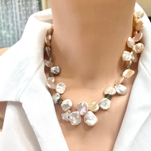 Cargar imagen en el visor de la galería, Single Strand of lustrous freshwater petal pearls in delicate shades of pink, gold and lavender, with rhinestones and gold plated magnetic ball clasp. 17.5"inches long