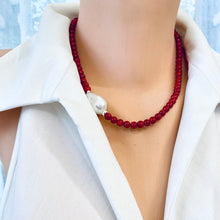 Cargar imagen en el visor de la galería, red coral and one large baroque pearl on the side of the necklace with sterling silver details, measuring 18 inches. This vibrant jewelry piece makes a thoughtful gift for her.