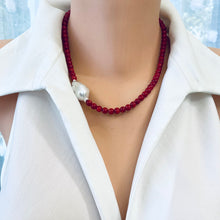 Cargar imagen en el visor de la galería, red coral and one large baroque pearl on the side of the necklace with sterling silver details, measuring 18 inches. This vibrant jewelry piece makes a thoughtful gift for her.
