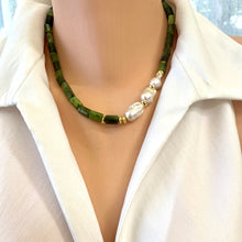 Load image into Gallery viewer, Hand knotted Green Canadian Jade Tube Beads Necklace w Gold Vermeil Plated Silver & Fresh Water Baroque Pearls x3. gold plated silver marine clasp and beads.
Measures almost 18"inches or 45cm