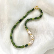 Load image into Gallery viewer, Hand knotted Green Canadian Jade Tube Beads Necklace w Gold Vermeil Plated Silver & Fresh Water Baroque Pearls x3. gold plated silver marine clasp and beads.
Measures almost 18"inches or 45cm