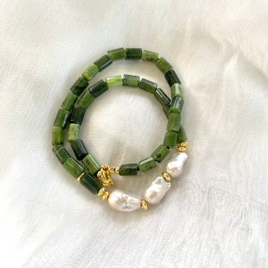 Canadian jade pearl necklace with green jade beads, baroque pearls, and gold vermeil accents