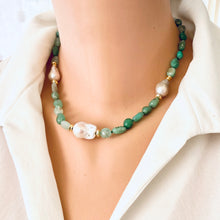 Carica l'immagine nel visualizzatore di Gallery, Hand Knotted shaded Apple Green Chrysoprase nugget beads & 3 Baroque Pearls Necklace, Gold Vermeil Plated Silver separation beads and marine clasp, 17"inches long