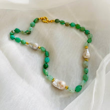 Carica l'immagine nel visualizzatore di Gallery, Hand Knotted shaded Apple Green Chrysoprase nugget beads & 3 Baroque Pearls Necklace, Gold Vermeil Plated Silver separation beads and marine clasp, 17"inches long
