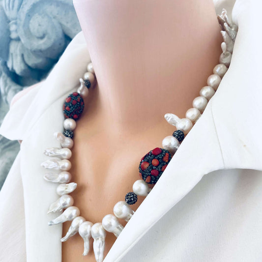 Baroque pearl jellyfish necklace red coral close up on mannequin handmade in Canada