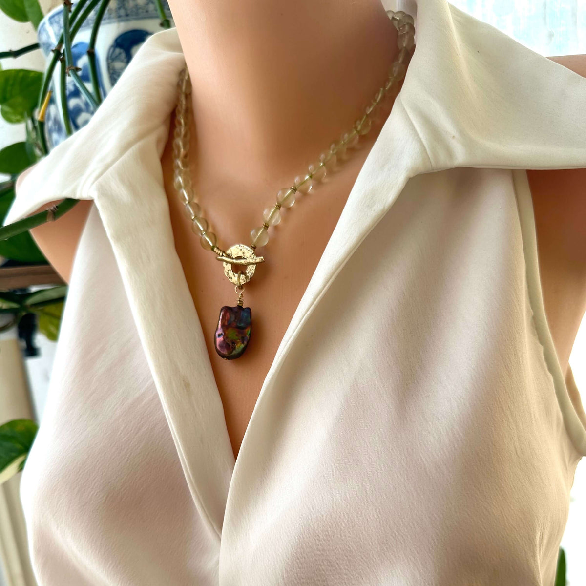LIVE #3 - Lemon Quartz Pearl Necklace with Baroque Pearl Pendant worn on a mannequin, showcasing its vibrant colors.