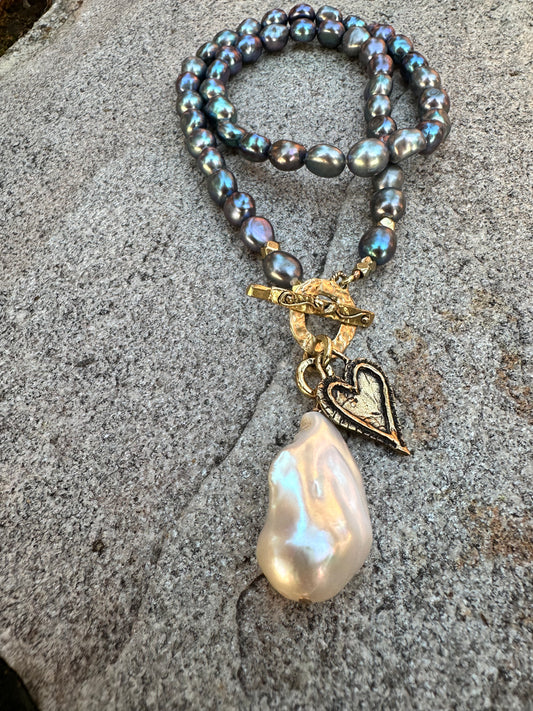 Black pearl baroque pearl necklace with AAA black pearls white baroque pearl pendant and heart charm