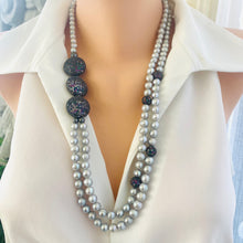 Carica l'immagine nel visualizzatore di Gallery, Front view of Grey Pearl Necklace featuring layered freshwater pearls with gunmetal and CZ details.
