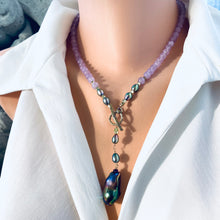 Load image into Gallery viewer, Close-up of Amethyst Pearl Necklace showing lavender amethyst gems and peacock black baroque pendant on mannequin.